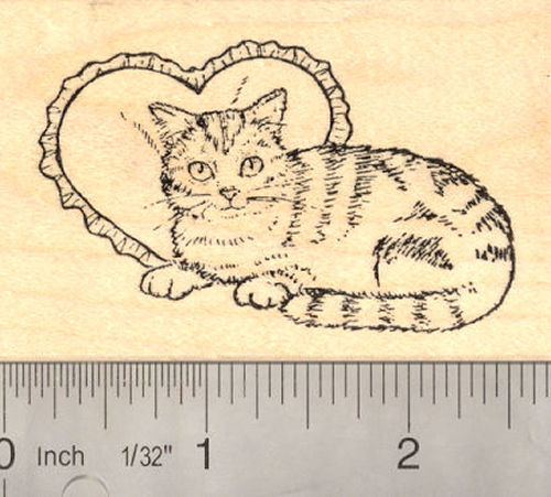 Striped Cat with Valentine Heart Pillow Rubber Stamp