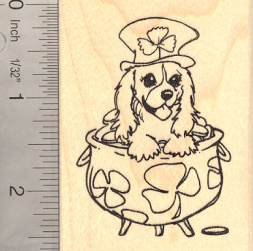 St. Patrick's Day Cavalier King Charles Spaniel Dog Rubber Stamp, Leprechaun Pot of Gold
