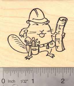 Builder Beaver Rubber Stamp with Construction Worker Tools and Plans