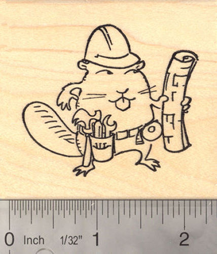 Builder Beaver Rubber Stamp with Construction Worker Tools and Plans