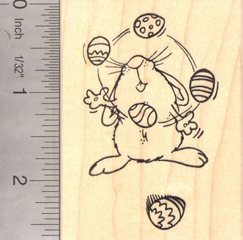 Bunny Juggling Easter Eggs Rubber Stamp, Rabbit