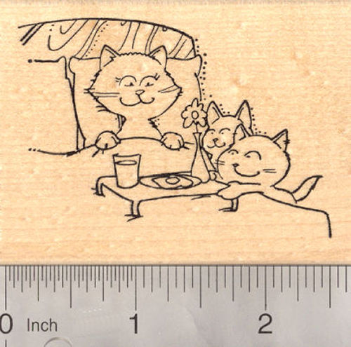 Mother's Day Cat Breakfast in Bed Rubber Stamp