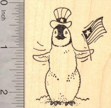4th of July Penguin with American Flag Rubber Stamp (fourth of July, July 4th)