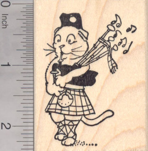 Scottish Fold Kitty Playing Bagpipes Rubber Stamp, Musical Cat