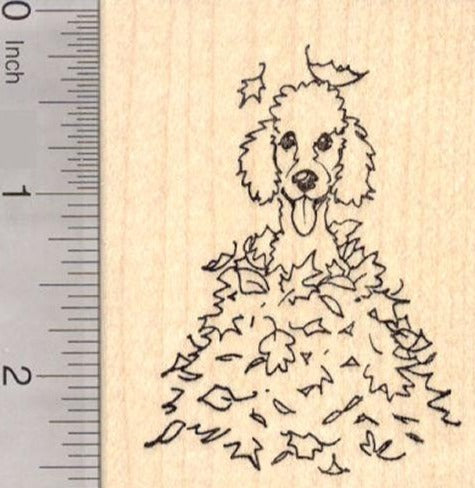 Poodle Dog Sitting in Autumn Leaves, Thanksgiving Rubber Stamp
