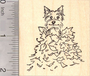 Terrier Dog Sitting in Autumn Leaves, Thanksgiving Rubber Stamp, Cairn Terrier, Silky Terrier, Yorkie