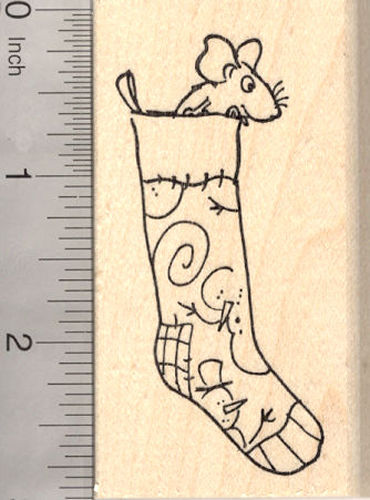 Mouse in Christmas Stocking Rubber Stamp