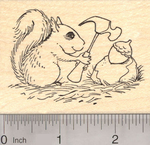 Squirrel Cracking Tough Nut with Hammer Rubber Stamp, Valentine's Day or Father's Day
