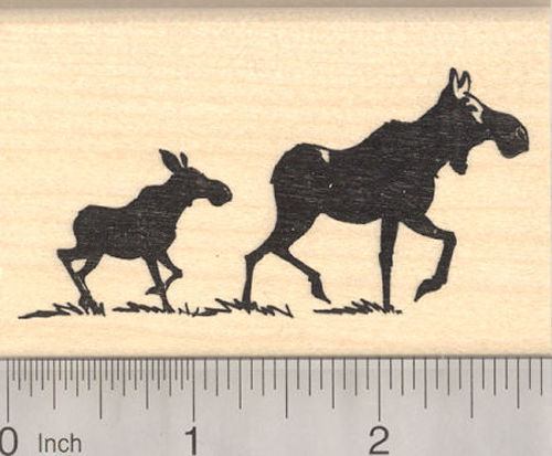 Female Moose and Baby Silhouette Rubber Stamp