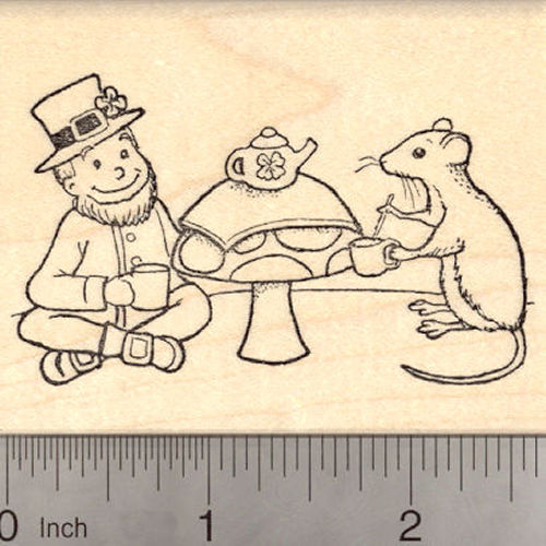 St. Patrick's Day Leprechaun Rubber Stamp, Having Tea with a Mouse