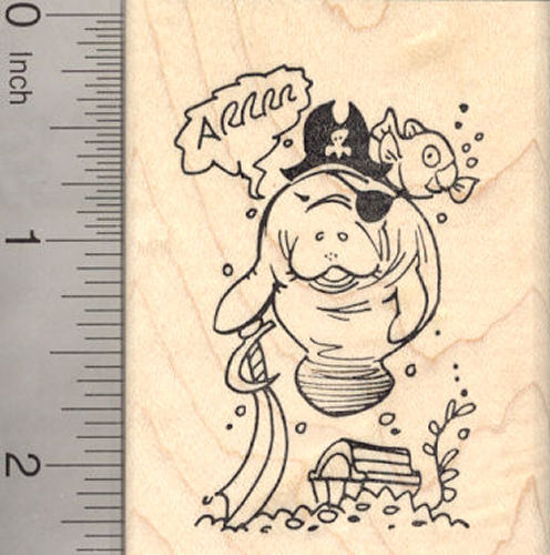 Pirate Manatee with Treasure and Cutlass Rubber Stamp