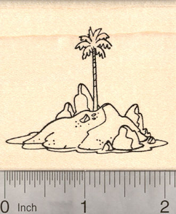 Cartoon Desert Island Rubber Stamp, Castaway Isle with Palm Tree