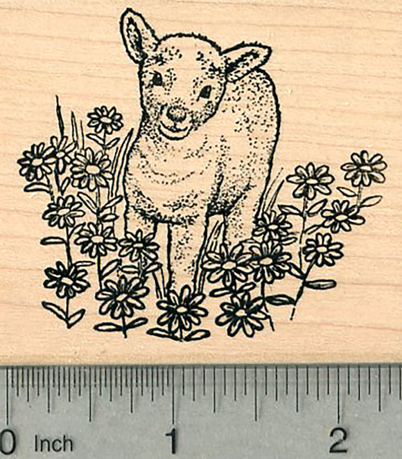 Spring Lamb Rubber Stamp, Easter, Field of Flowers