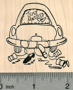 Just Married Rubber Stamp, Honeymoon Car with Shoes and Cans