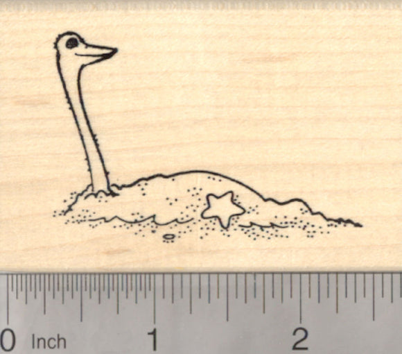 Ostrich Rubber Stamp, Bird on Beach, with Head out of the sand