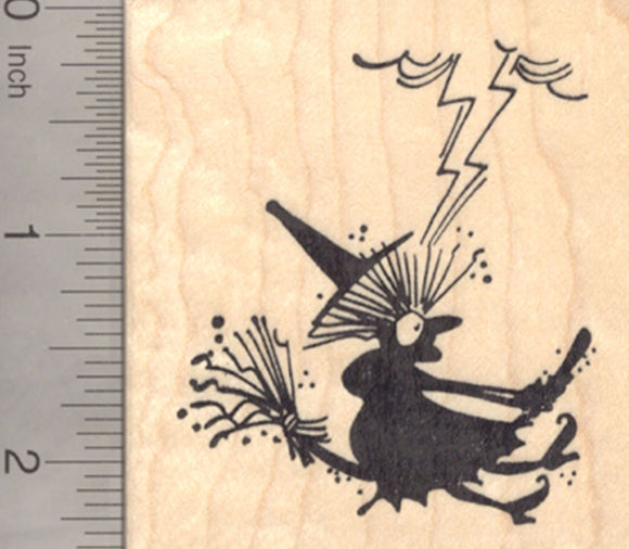 Halloween Witch Rubber Stamp, Struck by Lightning on her Broomstick