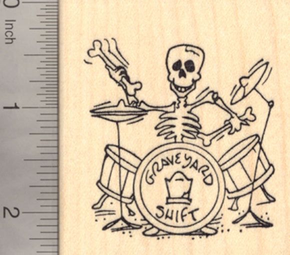 Halloween Skeleton Rubber Stamp, Playing Drums with Bones, Day of the Dead