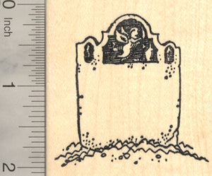 Halloween Tombstone Rubber Stamp, with Angel and Blank Epitaph Space, Cemetery