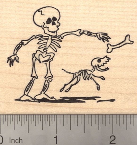 Halloween Skeleton Rubber Stamp, Playing Fetch with Dog Bone, Día de Muertos