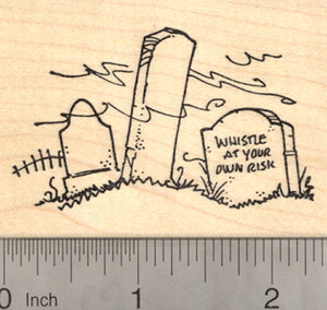 Halloween Graveyard Rubber Stamp, with Whistle Tombstone Cemetery Scene