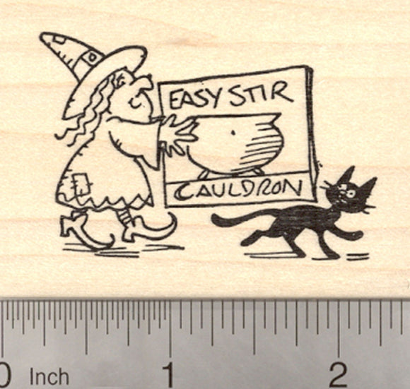 Halloween Witch in Training Rubber Stamp, Child with Toy Cauldron