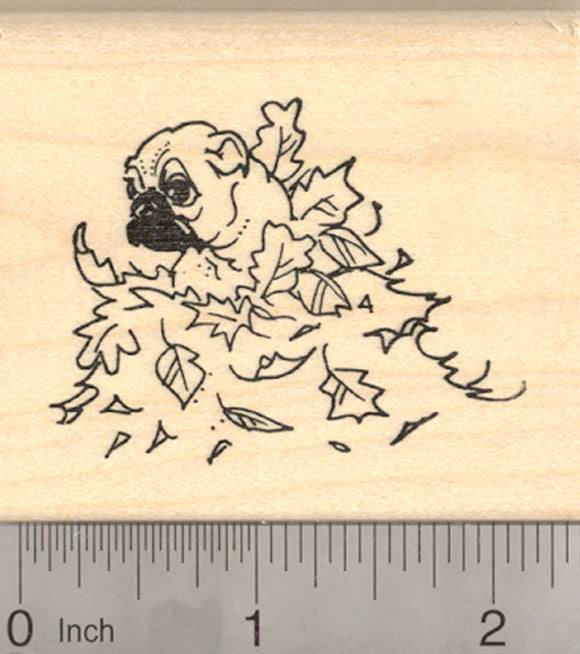 Pug Dog Rubber Stamp, in Autumn Leaves