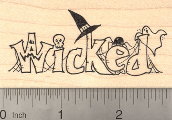 Halloween Rubber Stamp, Wicked Word Stamp with Witch Hat, Ghost, Spider, Skull
