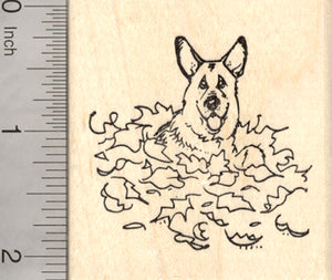 German Shepherd Dog Rubber Stamp, in Autumn Leaf Pile