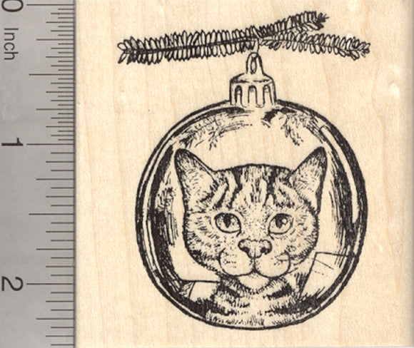 Christmas Cat Rubber Stamp, Reflection in Holiday Tree Ornament