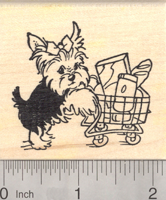 Yorkshire Terrier Dog Rubber Stamp, Yorkie with Grocery Shopping Cart