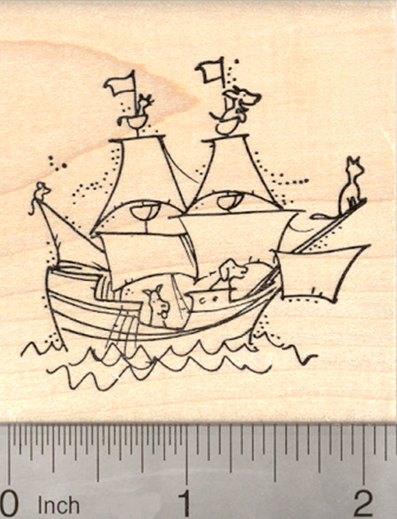 Galleon Sailing Ship Rubber Stamp, with Cat, Dog, and Mouse Sailors