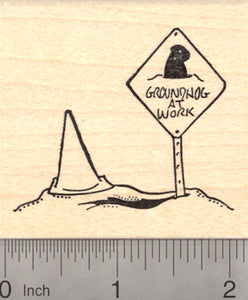 Groundhog Day Rubber Stamp, Burrow with at Work Sign and Traffic Cone