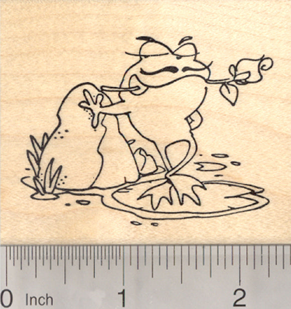 Valentine's Day Frog Rubber Stamp, With Mustache and Rose
