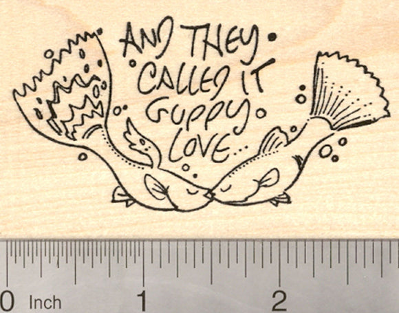 Valentine's Day Rubber Stamp, Guppy Love, with Kissing Fish