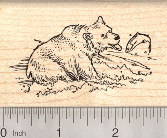 Brown Bear Rubber Stamp, Grizzly Fishing for Salmon