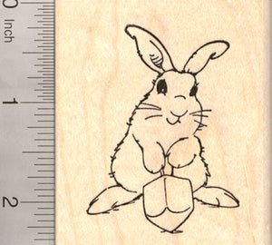 Hanukkah Bunny Rubber Stamp, Rabbit with Dreidel