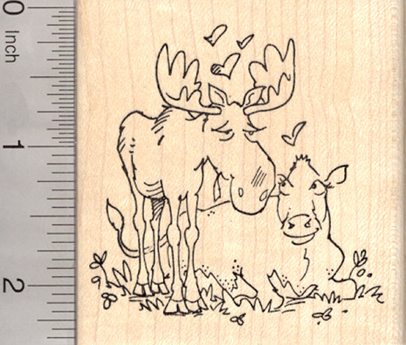 Valentine's Day Moose Rubber Stamp, with Cow and Hearts