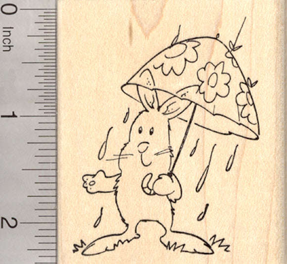 Spring Rabbit Rubber Stamp, in Rain with Umbrella, Easter Bunny