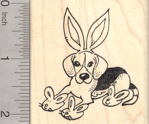 Easter Beagle Dog Rubber Stamp, with Bunny Ears and Slippers