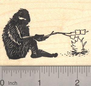 Bigfoot Camping Rubber Stamp, Yeti Roasting Marshmallows, Sasquatch