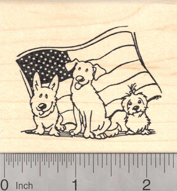 4th of July Dog Rubber Stamp, 3 Dogs with American Flag, Corgi, Labrador Retriever, Shih Tzu, German Shepherd, Pitbull
