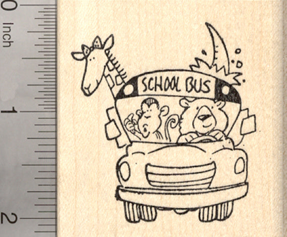 Animals on School Bus Rubber Stamp, Monkey, Giraffe, Bear, Rhino