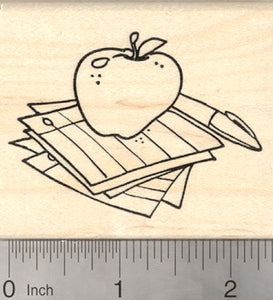 Teacher Rubber Stamp, Apple with Pen and Papers