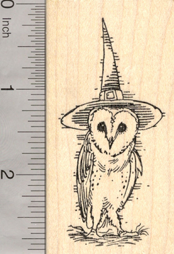 Barn Owl Witch Halloween Rubber Stamp, Wearing Hat