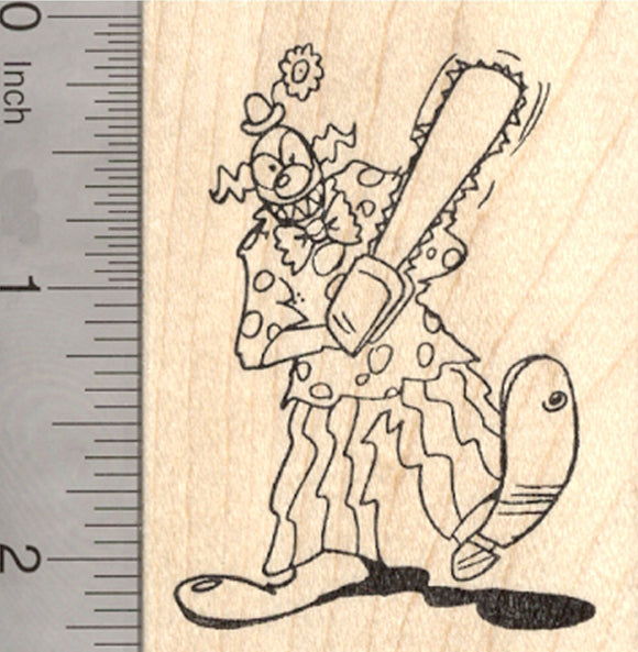 Evil Clown Rubber Stamp, Halloween Demon with Chainsaw