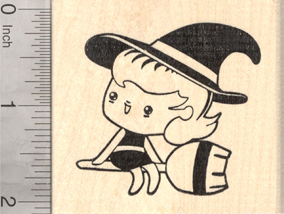 Halloween Witch Rubber Stamp, on Broomstick