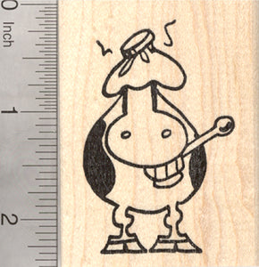 Get Well Soon Cow Rubber Stamp, Grinning with Thermometer, Large