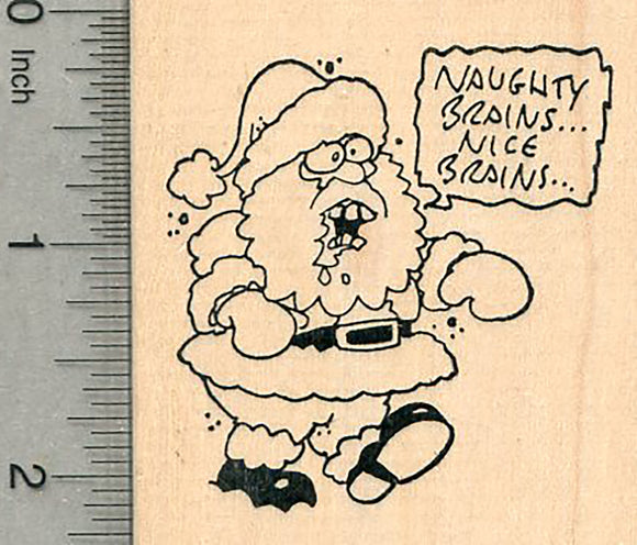 Christmas Santa Zombie Rubber Stamp, Brain Seeking Claus on Rampage