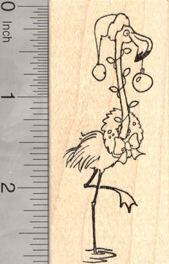 Christmas Flamingo Rubber Stamp, Tropical Holiday, with Wreath