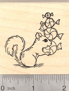 Holiday Squirrel Rubber Stamp, Hoarding Candy, Christmas